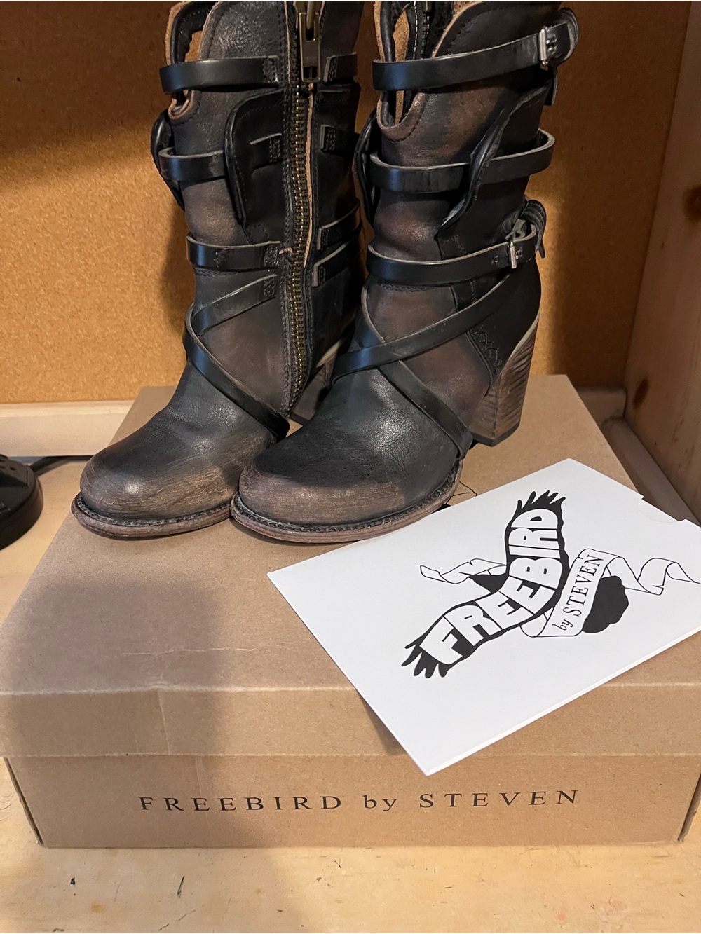 Freebird by Steven Black Leather Strappy Mid-Calf Heeled Boots